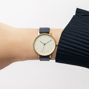 B001 Watch, Gold Case, Off White Dial, Leather Strap - Navy - BIJOUONE