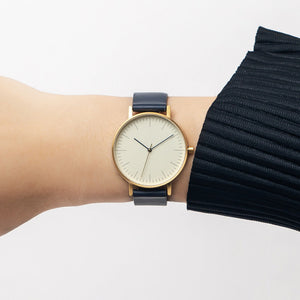 B001 Watch, Gold Case, Off White Dial, Leather Strap - Navy - BIJOUONE