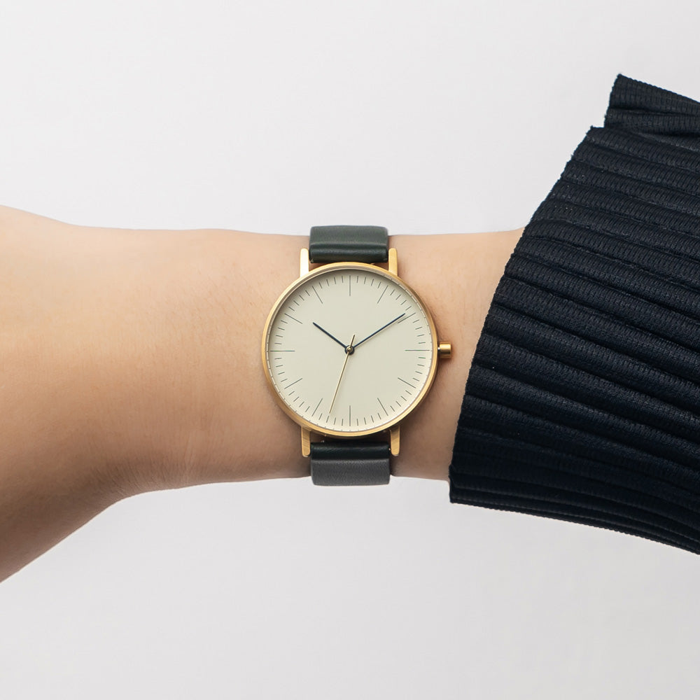 B001 Watch, Gold Case, Off White Dial, Leather Strap - Green