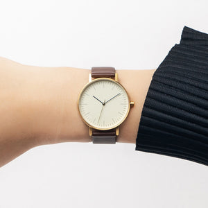 B001 Watch, Gold Case, Off White Dial, Leather Strap - Coffee - BIJOUONE