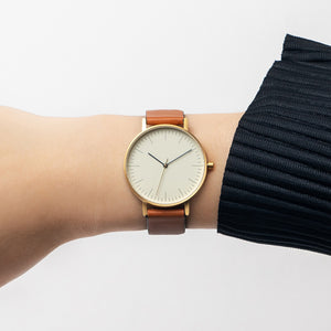 B001 Watch, Gold Case, Off White Dial, Leather Strap - Tan
