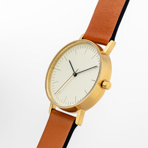 B001 Watch, Gold Case, Off White Dial, Leather Strap