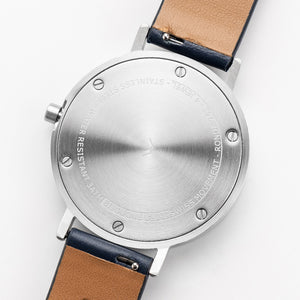 B001 Watch, Silver Case, Off White Dial, Leather Strap - Navy - BIJOUONE