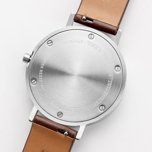 B001 Watch, Silver Case, Off White Dial, Leather Strap - Coffee - BIJOUONE