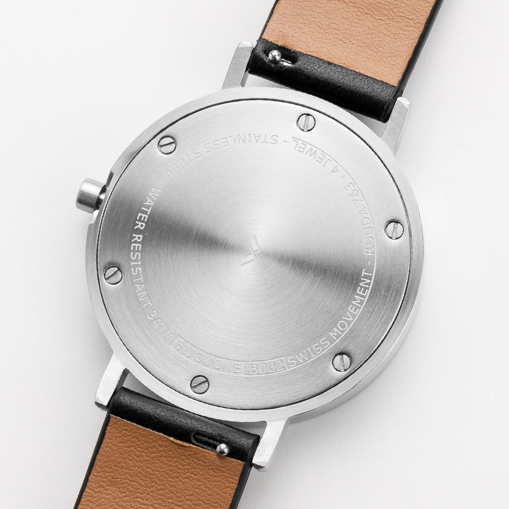 B001 Watch, Silver Case, Off White Dial, Leather Strap - Black