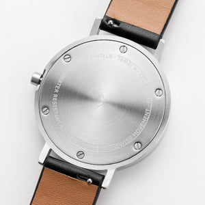 B001 Watch, Silver Case, Off White Dial, Leather Strap - Black - BIJOUONE