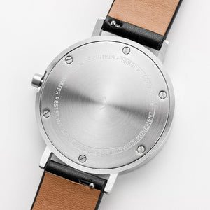 B001 Watch, Silver Case, Off White Dial, Leather Strap - Black - BIJOUONE