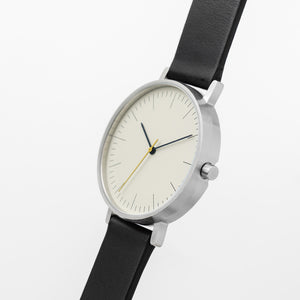 B001 Watch, Silver Case, Off White Dial, Leather Strap - Black - BIJOUONE