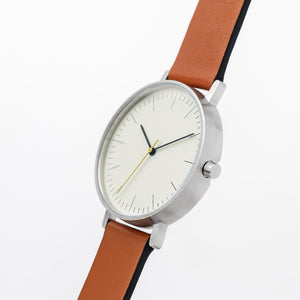 B001 Watch, Silver Case, Off White Dial, Leather Strap - Tan