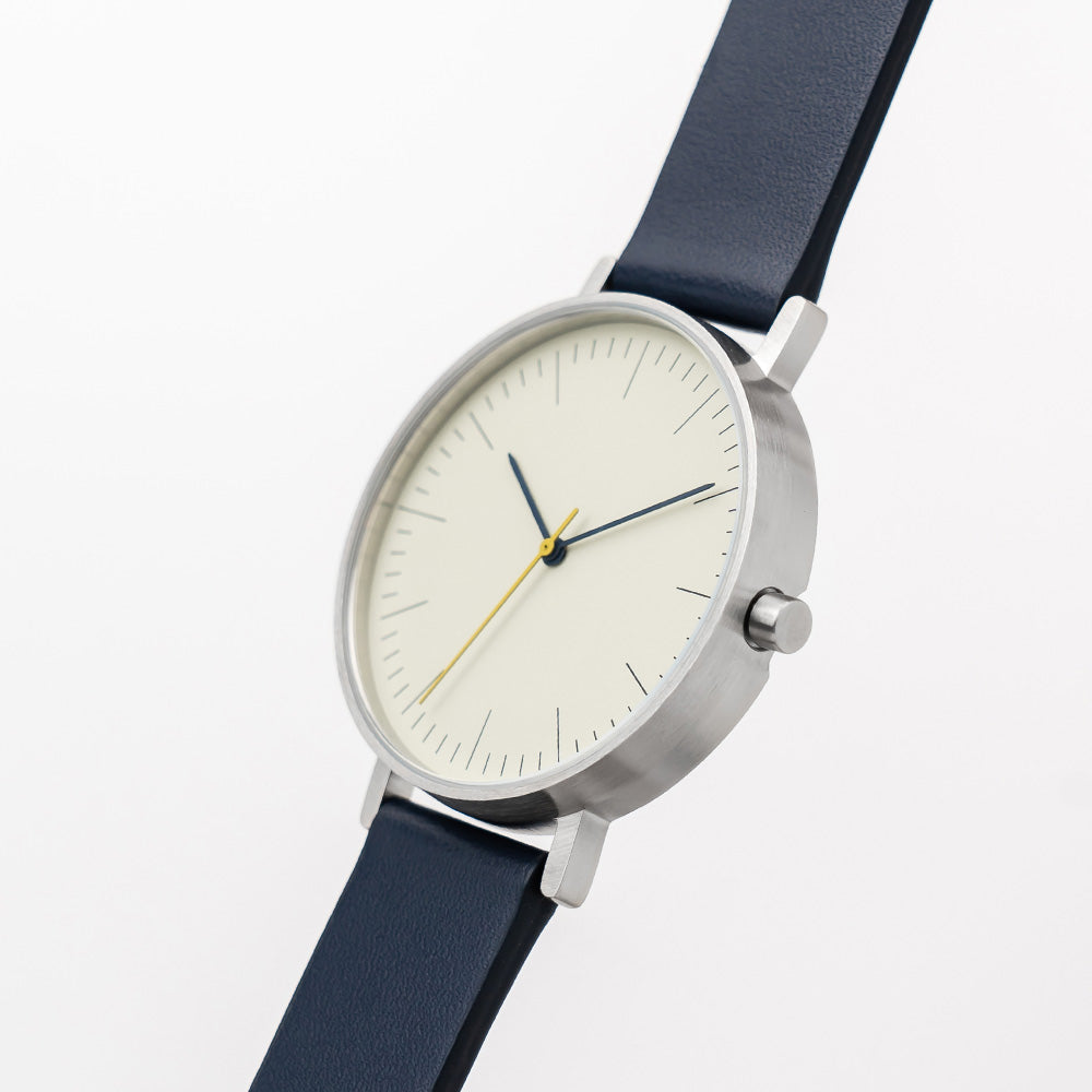 B001 Watch, Silver Case, Off White Dial, Leather Strap - Navy - BIJOUONE