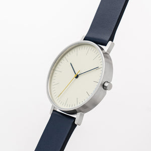 B001 Watch, Silver Case, Off White Dial, Leather Strap - Navy - BIJOUONE