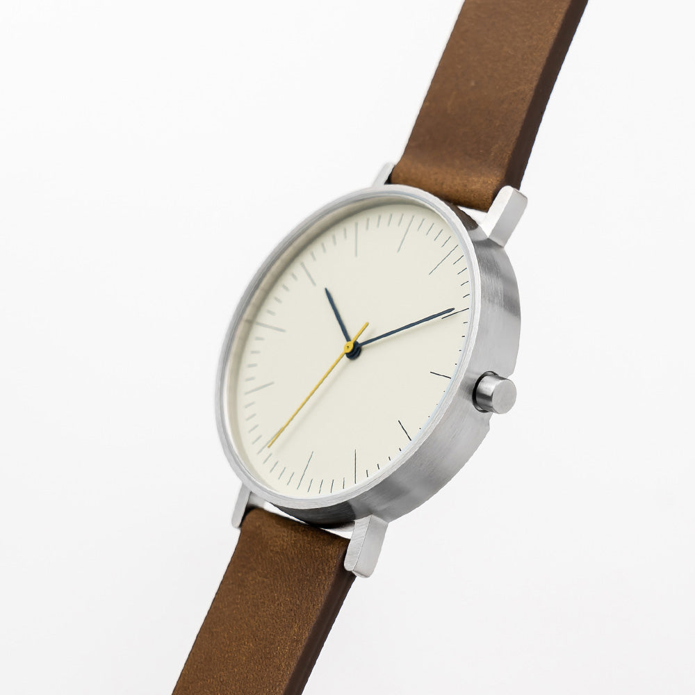 B001 Watch, Silver Case, Off White Dial, Leather Strap - Brown Suede - BIJOUONE