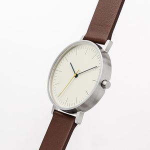 B001 Watch, Silver Case, Off White Dial, Leather Strap - Coffee - BIJOUONE