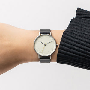 B001 Watch, Silver Case, Off White Dial, Leather Strap - Black - BIJOUONE