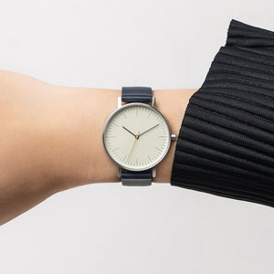 B001 Watch, Silver Case, Off White Dial, Leather Strap - Navy - BIJOUONE