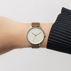 B001 Watch, Silver Case, Off White Dial, Leather Strap - Brown Suede - BIJOUONE