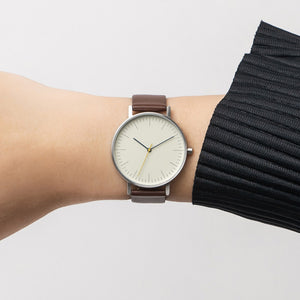 B001 Watch, Silver Case, Off White Dial, Leather Strap - Coffee - BIJOUONE