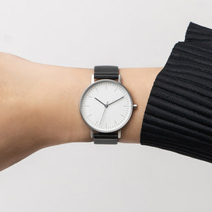 B001 Watch, Silver Case, White Dial, Leather Strap - Black - BIJOUONE