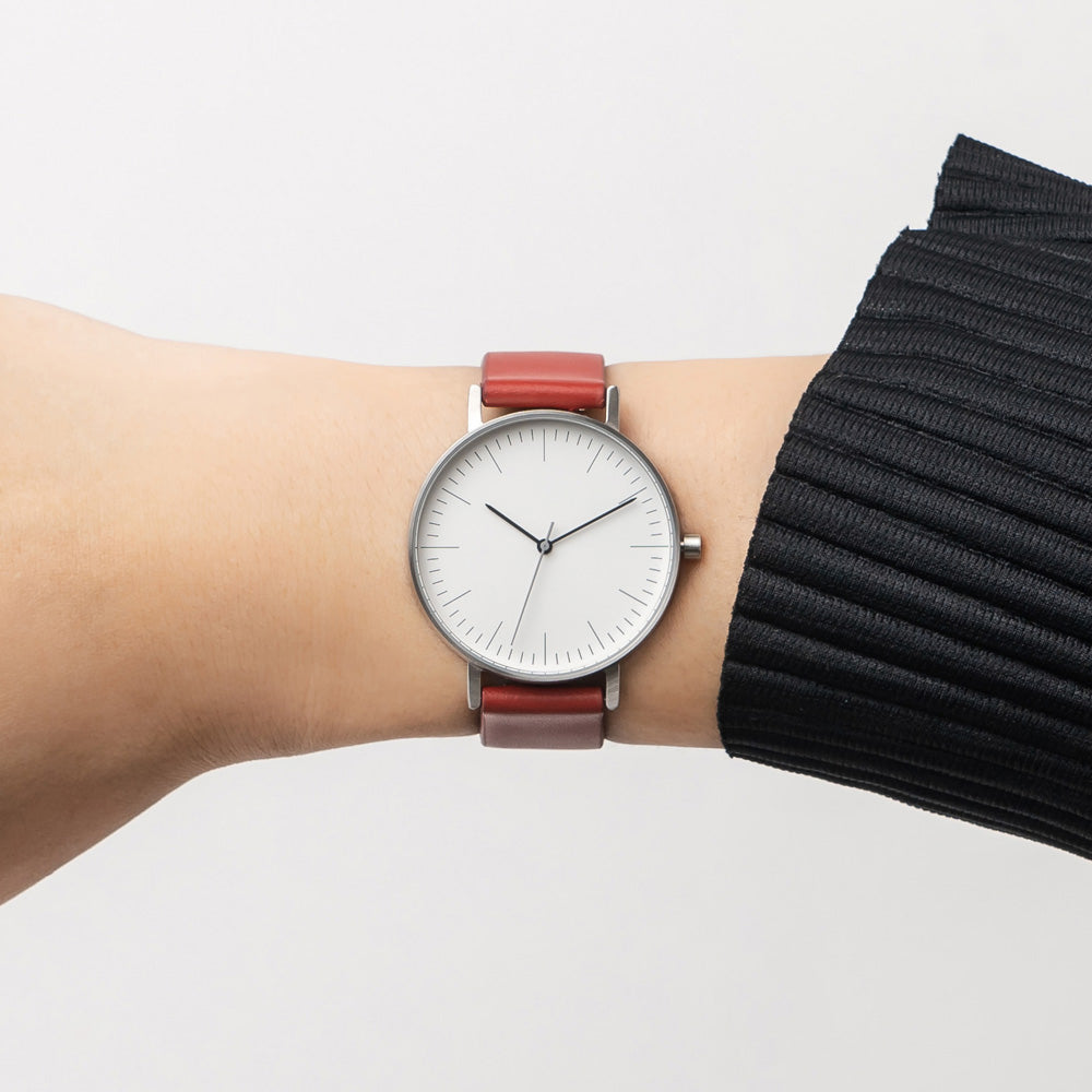 B001 Watch, Silver Case, White Dial, Leather Strap - Red
