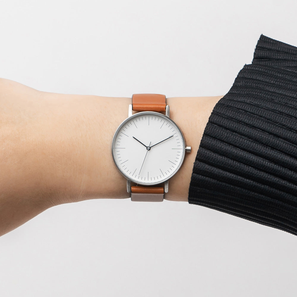 B001 Watch, Silver Case, White Dial, Leather Strap - Tan