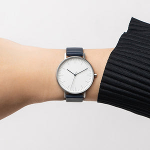 B001 Watch, Silver Case, White Dial, Leather Strap - Navy - BIJOUONE