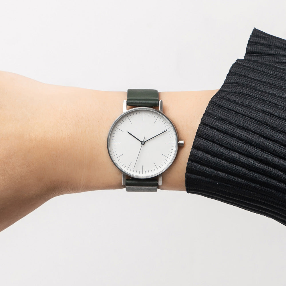 B001 Watch, Silver Case, White Dial, Leather Strap - Green