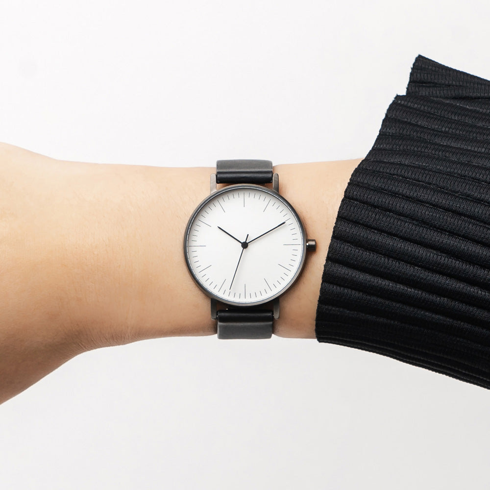 B001 Watch, Gunmetal Case, White Dial, Leather Strap - Black