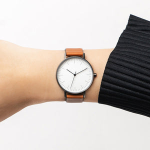 B001 Watch, Gunmetal Case, White Dial, Leather Strap - Tan - BIJOUONE
