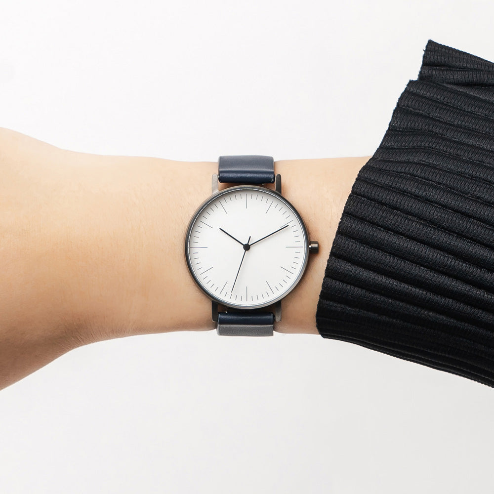 B001 Watch, Gunmetal Case, White Dial, Leather Strap - Navy