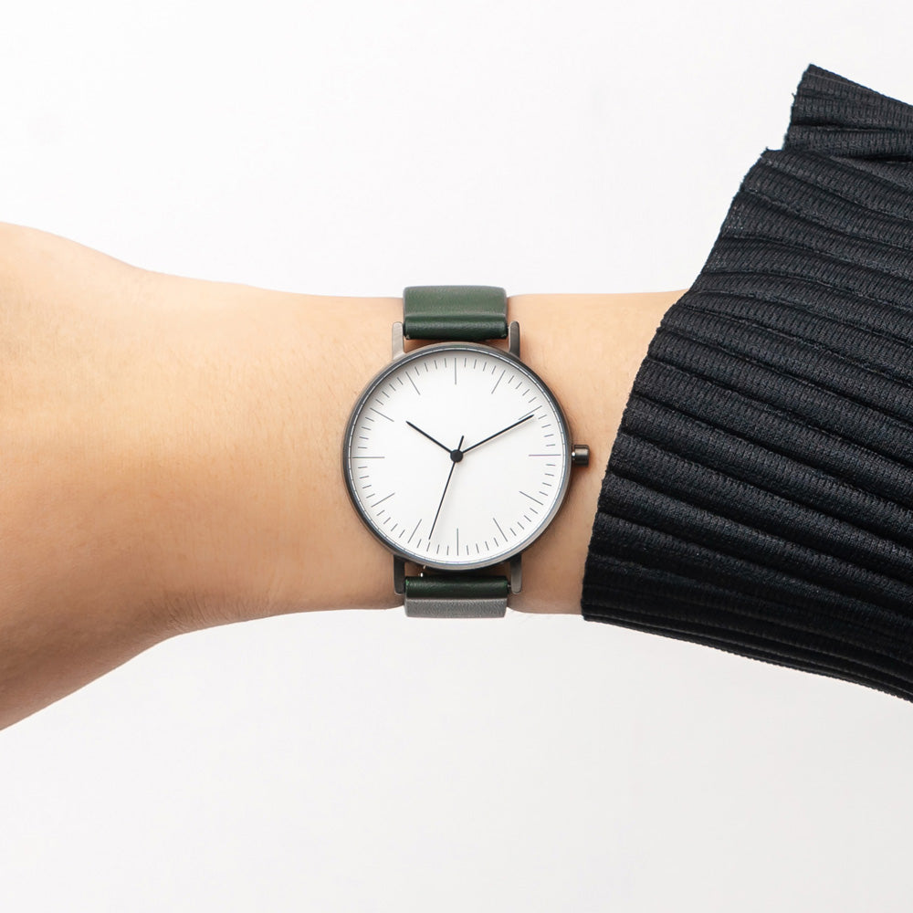 B001 Watch, Gunmetal Case, White Dial, Leather Strap - Green