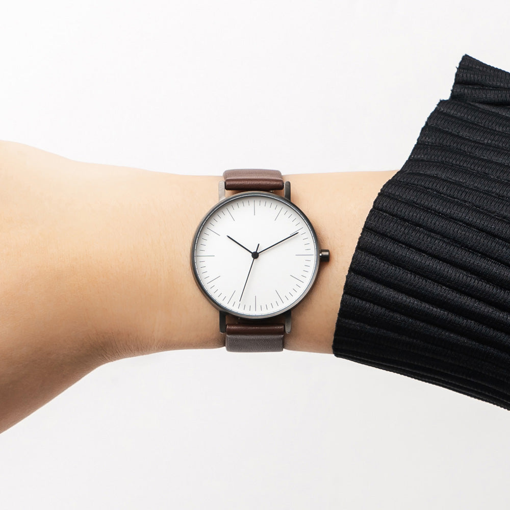 B001 Watch, Gunmetal Case, White Dial, Leather Strap - Coffee