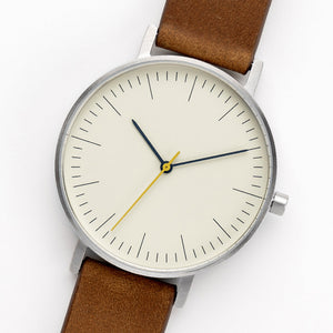 B001 Watch, Silver Case, Off White Dial, Leather Strap - Brown Suede - BIJOUONE