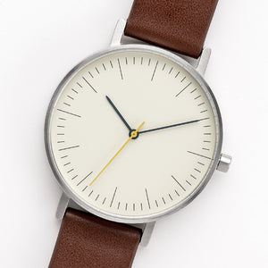 B001 Watch, Silver Case, Off White Dial, Leather Strap - Coffee - BIJOUONE