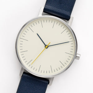 B001 Watch, Silver Case, Off White Dial, Leather Strap - Navy - BIJOUONE