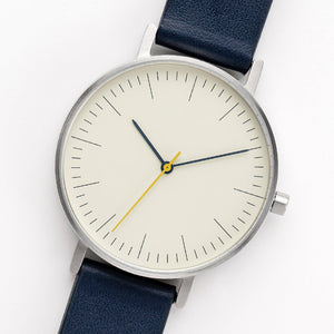 B001 Watch, Silver Case, Off White Dial, Leather Strap - Navy - BIJOUONE