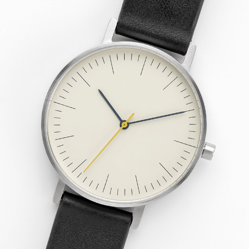 B001 Watch, Silver Case, Off White Dial, Leather Strap - Black