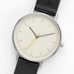B001 Watch, Silver Case, Off White Dial, Leather Strap - Black - BIJOUONE