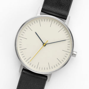 B001 Watch, Silver Case, Off White Dial, Leather Strap - Black - BIJOUONE