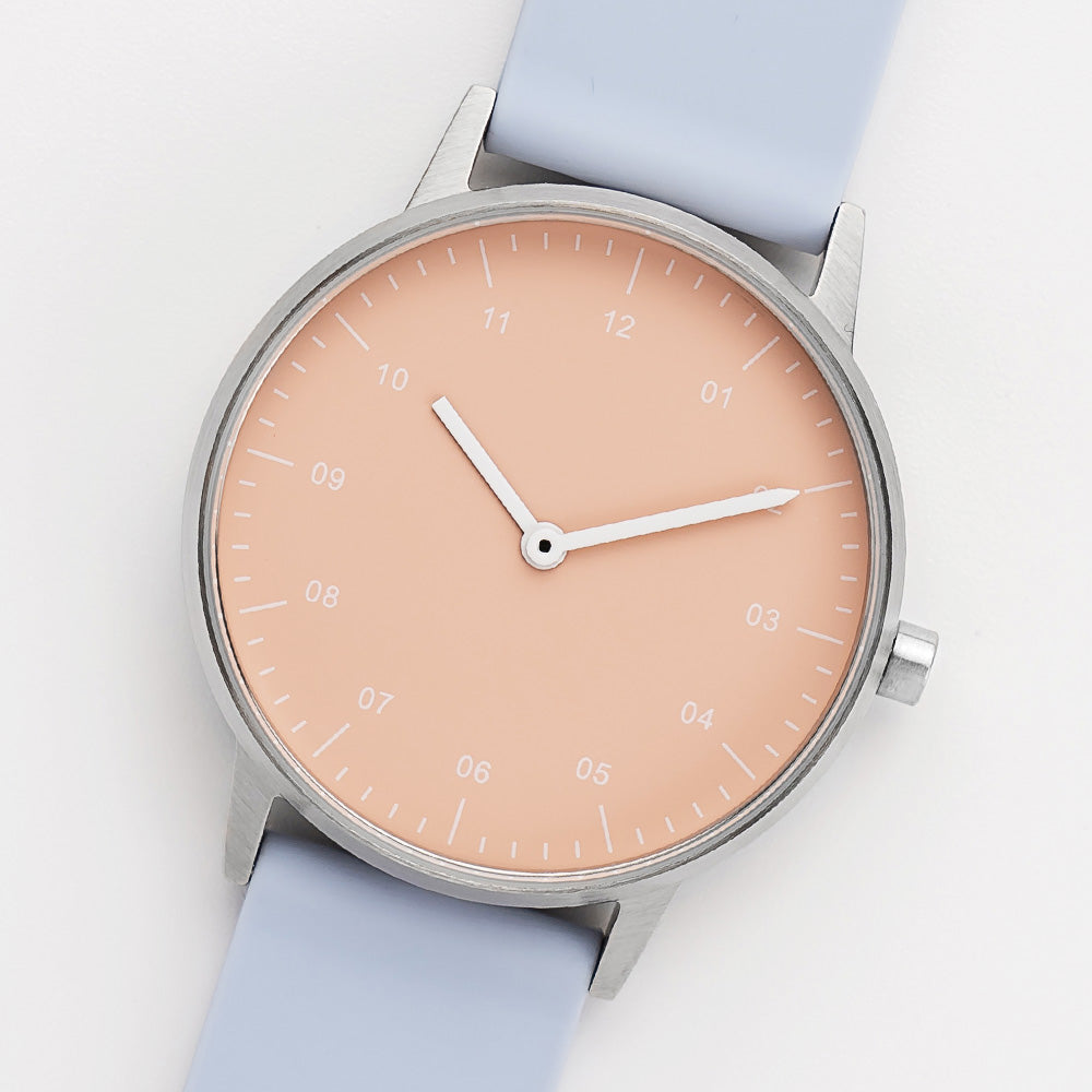 B40 Watch, Silver Case, Nude Pink Dial, Rubber Strap - Dusty Blue