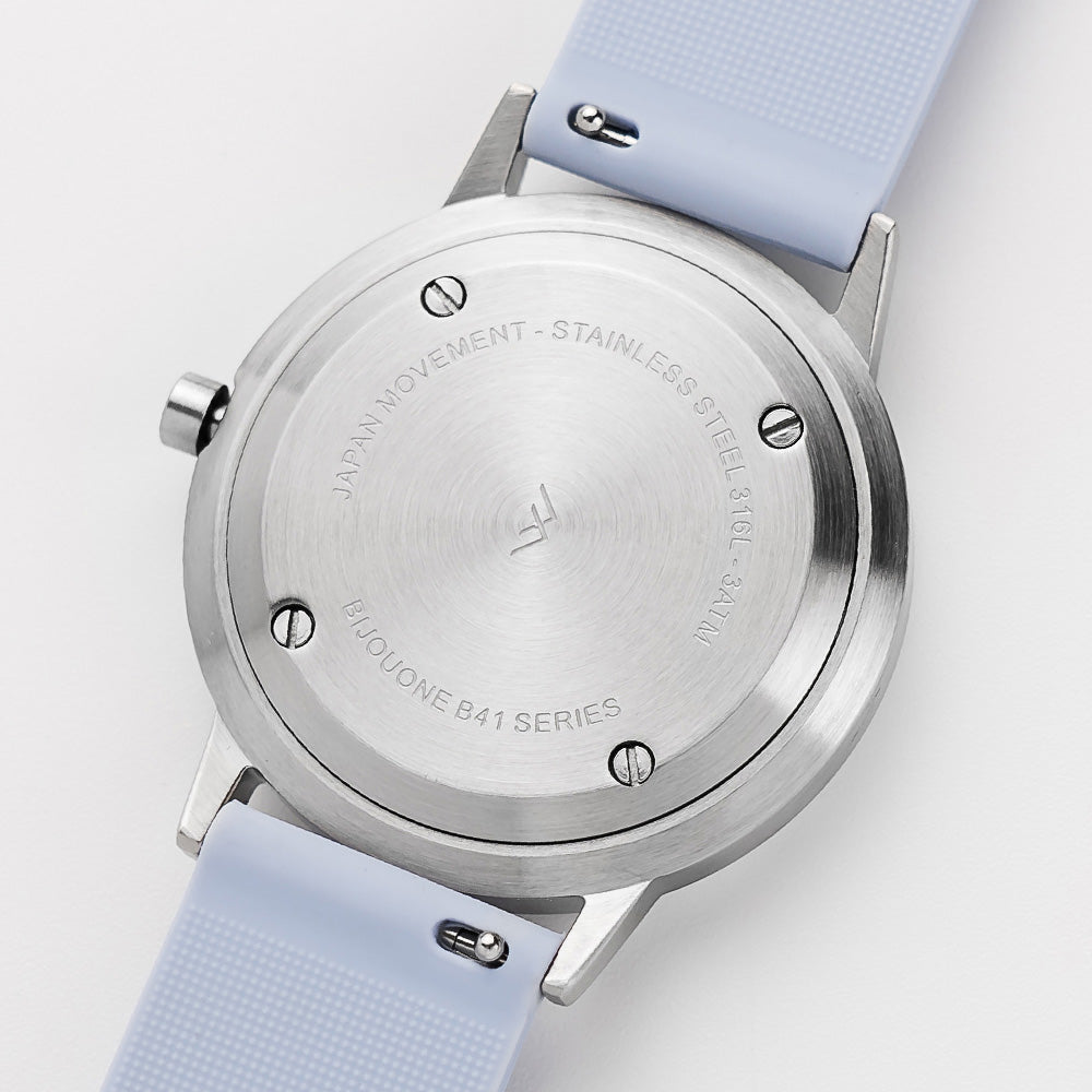 B40 Watch, Silver Case, Nude Pink Dial, Rubber Strap - Dusty Blue