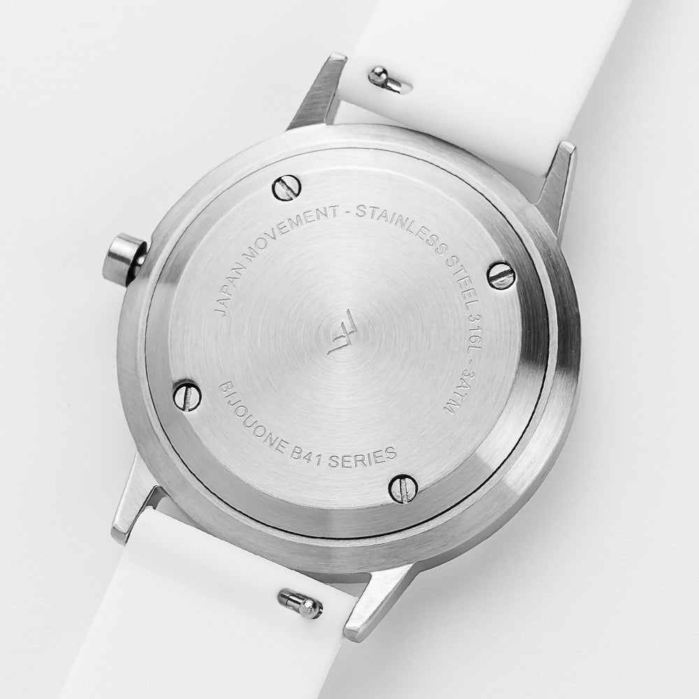 B40 Watch, Silver Case, Nude Pink Dial, Rubber Strap - White