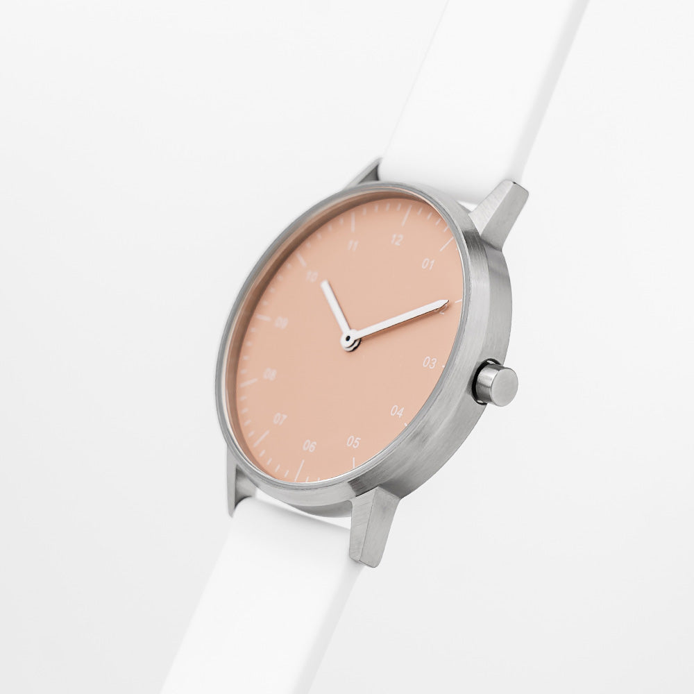 B40 Watch, Silver Case, Nude Pink Dial, Rubber Strap - White
