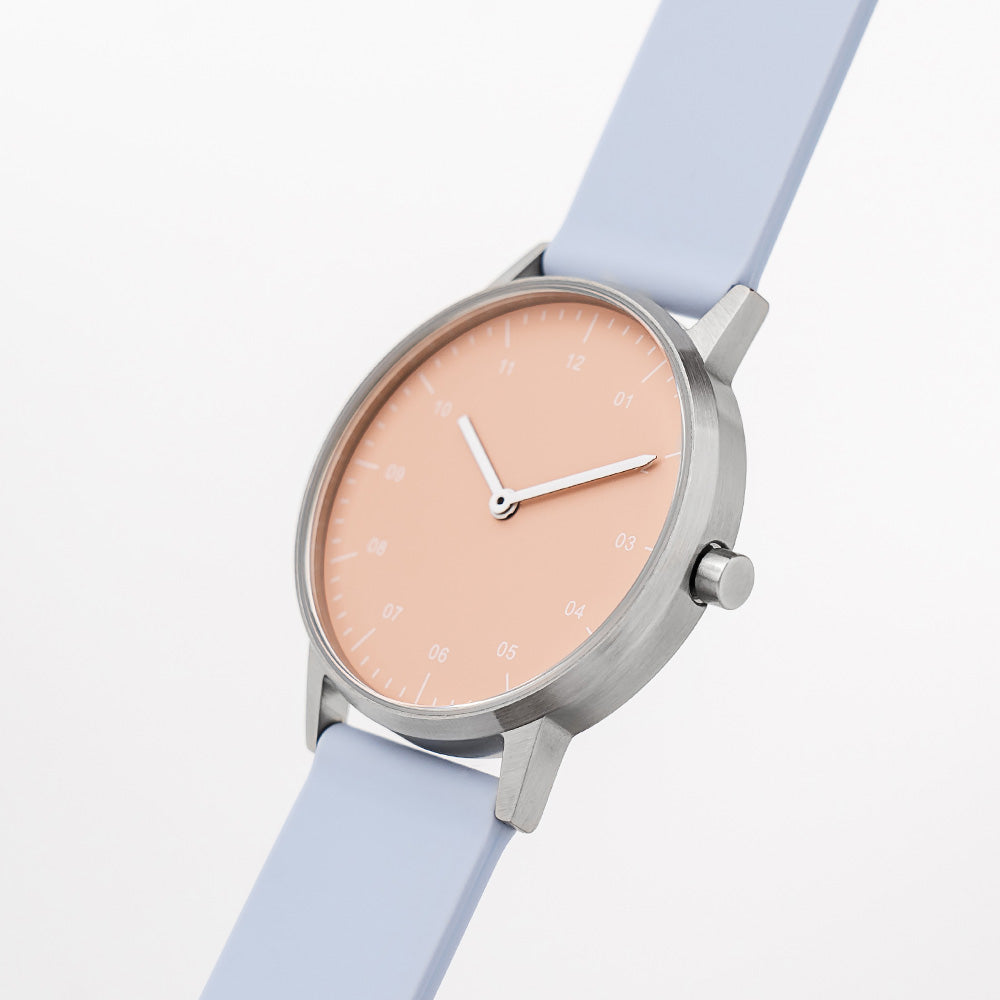 B40 Watch, Silver Case, Nude Pink Dial, Rubber Strap - Dusty Blue