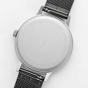 B70 Watch, Silver Case, Black Dial, Calendar, Luminous, Black Stainless Steel Mesh Strap