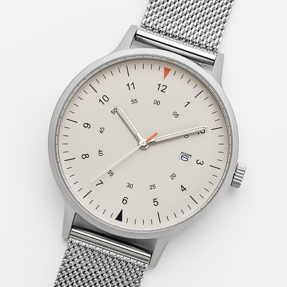 B70 Watch, Silver Case, Beige Dial, Calendar, Luminous, Stainless Steel Mesh Strap