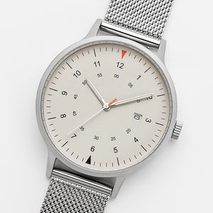 B70 Watch, Silver Case, Beige Dial, Calendar, Luminous, Stainless Steel Mesh Strap