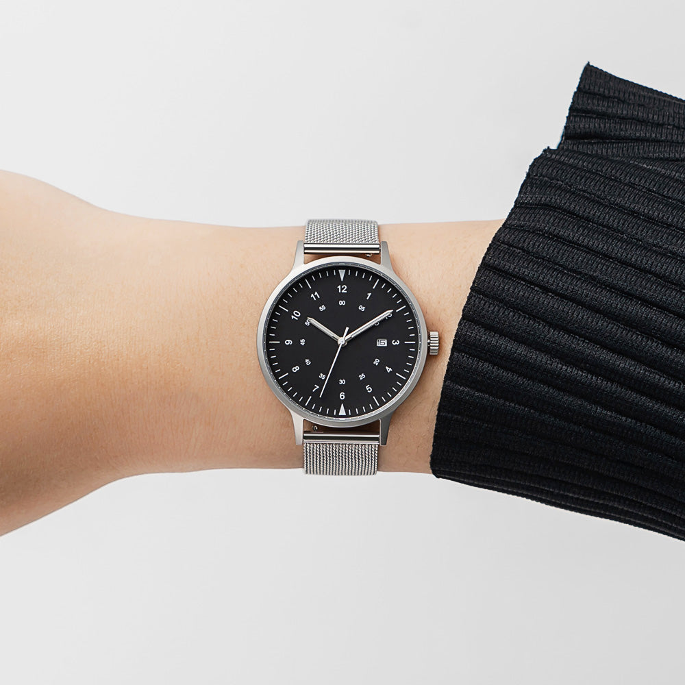 B70 Watch, Silver Case, Black Dial, Calendar, Luminous, Stainless Steel Mesh Strap