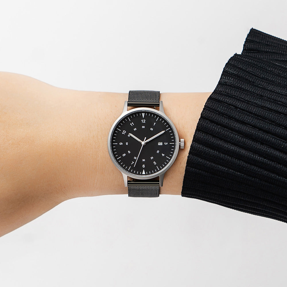 B70 Watch, Silver Case, Black Dial, Calendar, Luminous, Black Stainless Steel Mesh Strap