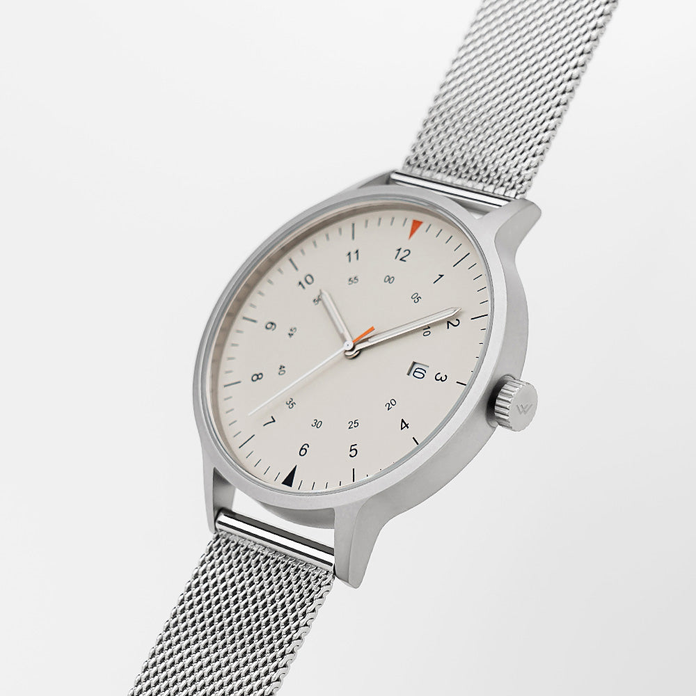 B70 Watch, Silver Case, Beige Dial, Calendar, Luminous, Stainless Steel Mesh Strap