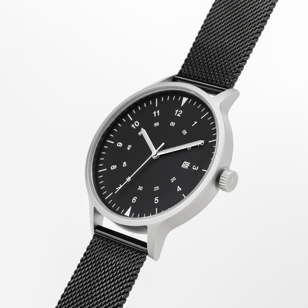 B70 Watch, Silver Case, Black Dial, Calendar, Luminous, Black Stainless Steel Mesh Strap